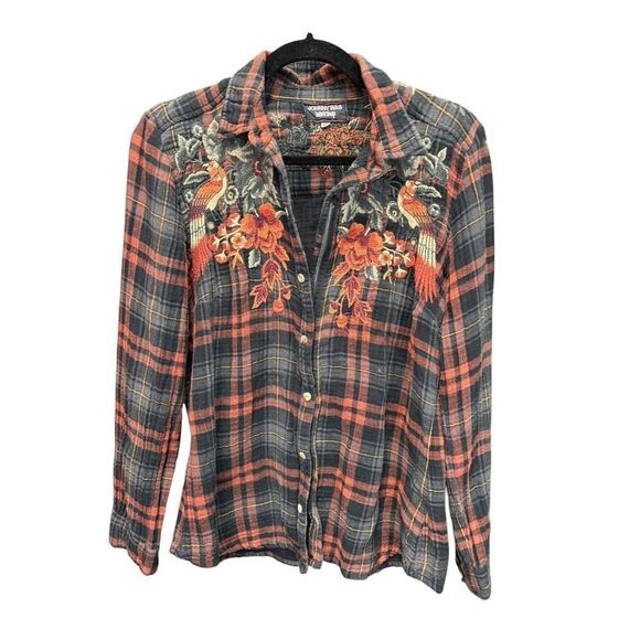 Johnny Was Workshop Plaid Button-Down Shirt with Embroidered Birds & Floral sz M